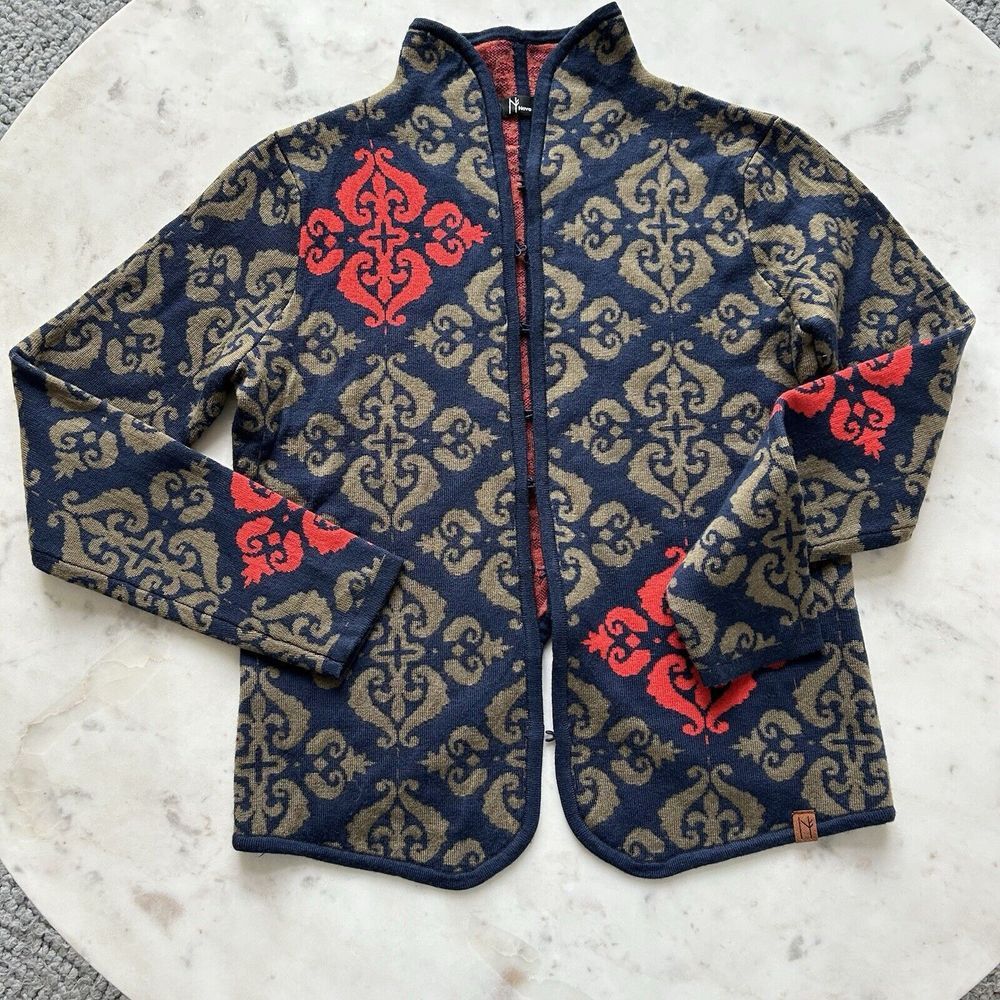 NEVE 100% Wool Floral Cardigan Sweater Women's M Fleur de Lis Navy Red Green - Picture 2 of 10